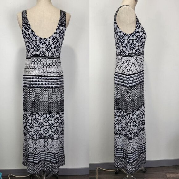 Tommy Bahama Maxi Dress M Black White Floral Geometric Stripe Sleeveless Stretch - Picture 2 of 9